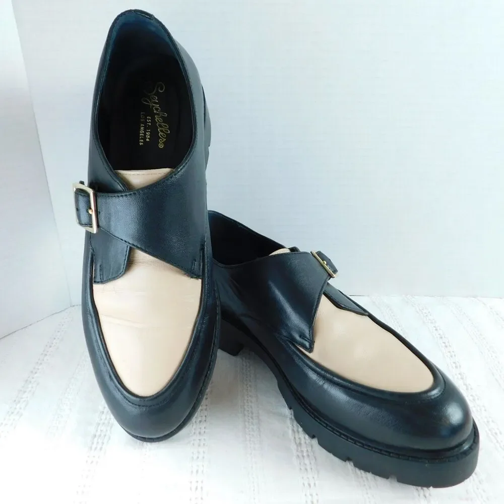 Seychelles Leather Loafers 7.5 Catch Me Black Cream Buckle Shoes Womens Retro